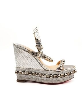 Christian Louboutin Metallic Silver Studded Espadrille Platform Sandals EU 36